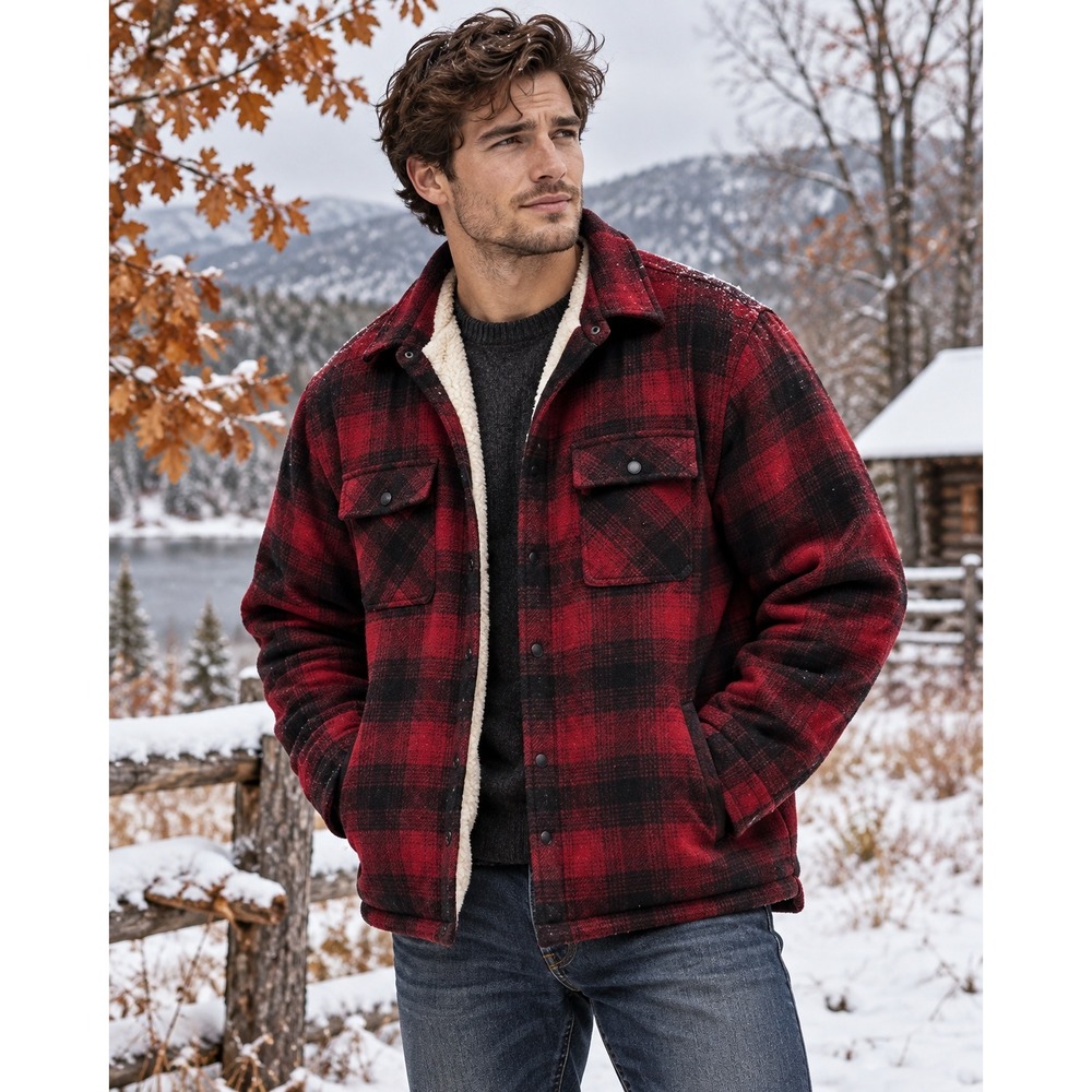 Victory Sportswear Jacket Size XL Red Black Plaid Sherpa Lined Wool Blend